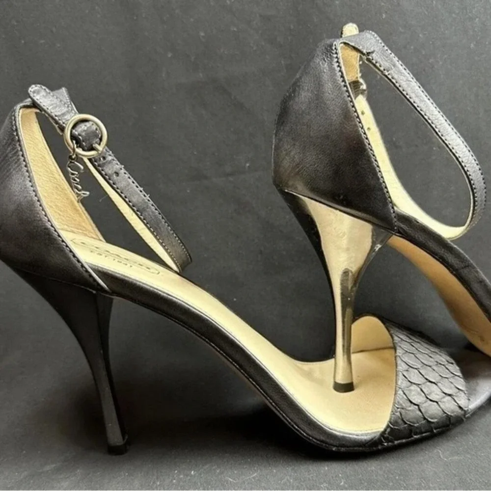 Coach 9 M Sandals Black Francesca Snake Embossed‎ Leather Strappy Stiletto Heel